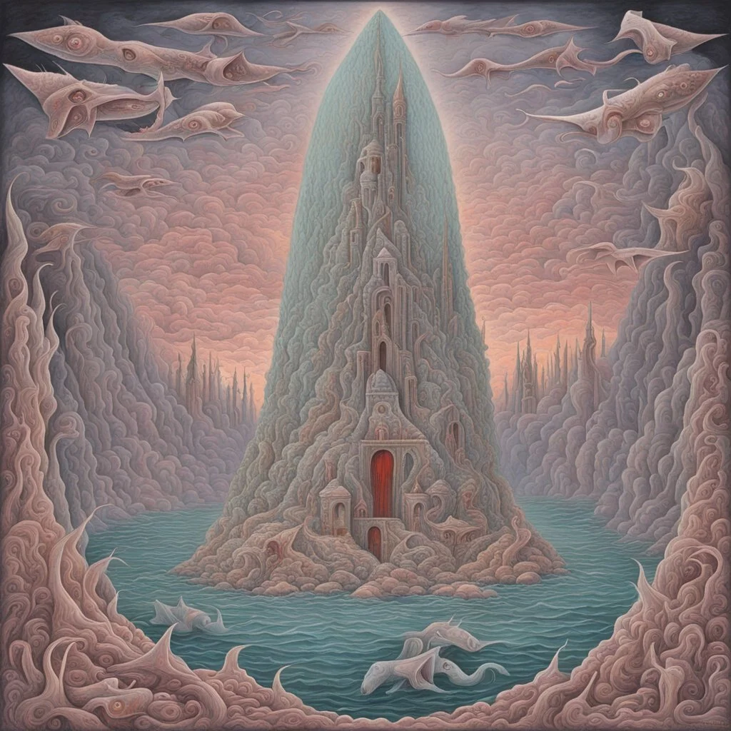 Patch of fog in purgatory, epilogue of a tragic story, the afterward and denouement, codex of the coup de grace, sharp pointy surrealism, bleeding deep pastel colors, by Bernardo Daddi, rhyming meander art.