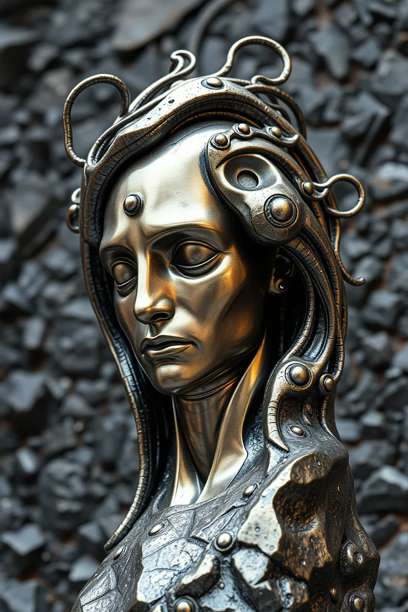 stunning bronse-silver extremly nonfigurative abstract statue style by Hundertwasser , Dali, high detalied, metalic, stone, black onix, random background, sharp focus, perfect photo intricate mech details, polished metal, Unreal Engine 5, rendered in Blender, sci-fi, futuristic, cinematic, fantasy, scifi, atmospheric abstract vector fractal, wave function, Zentangle, 3d shading Professional photography, bokeh, natural lighting, canon lens, shot on dslr 64 megapixels sharp focus