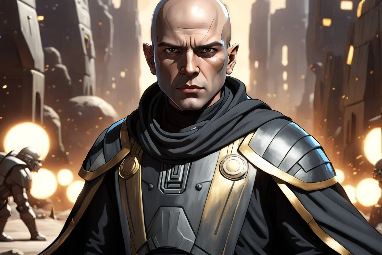 star wars bald male corellian jedi pilot wearing black and gunmetal grey old republic armored robes with gold trim, alone, battle-ready Jedi Master defending a ruined ancient city surrounded by golden light, centered head and shoulders portrait, hyperdetailed, dynamic lighting, hyperdetailed background, 8k resolution, volumetric lighting, light skin, fully symmetric details