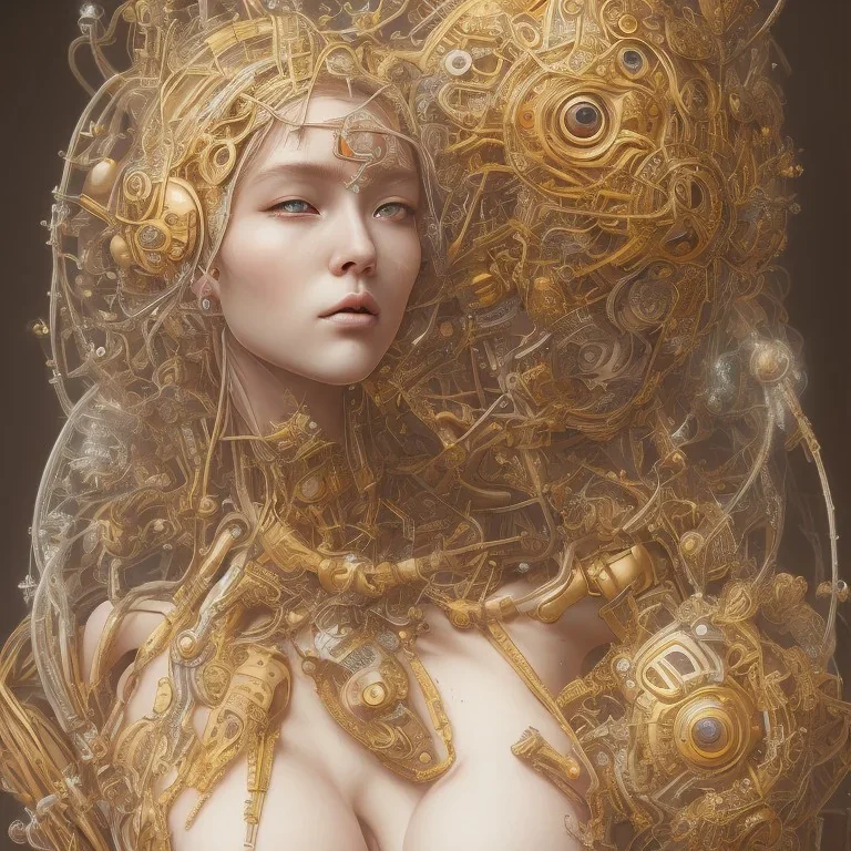 a wonderfull japanese, big boobs, ultradetailed fine art photo of a cybernetic futuristic cyborg bride wearing a boho headpiece, by tom bagshaw and simon stalenhag, embroidered lace chapel veil, portrait, 5 0 mm lens, golden ratio composition, detailed face, studio photography, very detailed, humanoids, industrial robotic alloy armor, masterpiece, artstation, 8 k, highly coherent