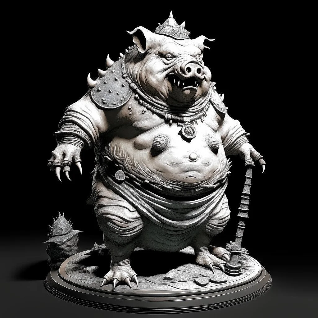 a statuette of a monstrous pig-man cult greyscale photo