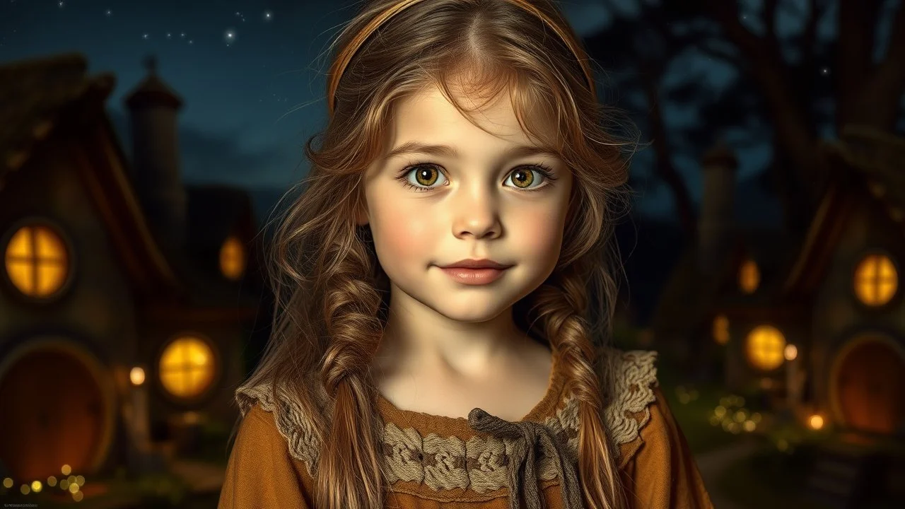 little young hobbit girl, beautiful, confident, calm, wise, happy, innocent, facing camera, head and shoulders, hobbit clothing, perfect eyes, Tolkien landcape, hobbit homes with circular windows and doors, night scene, stars, fireflies, 16k artistic photography, exquisite composition, photorealistic concept art, soft natural volumetric light, chiaroscuro, award-winning photograph, masterpiece, style William-Adolphe Bouguereau