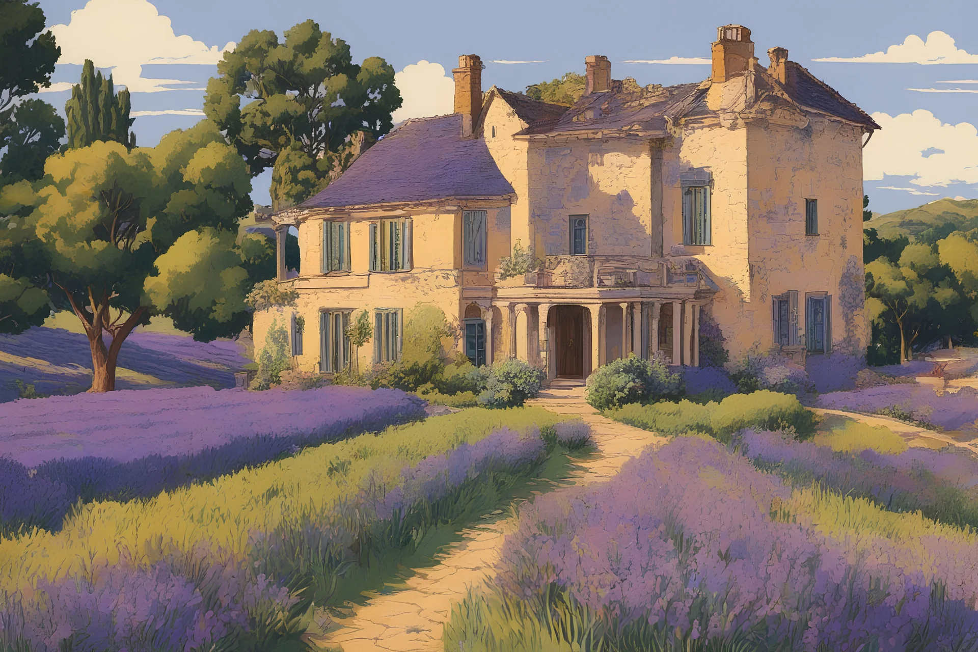 museum quality color woodcut landscape of a fanciful 1920's ramshackle French country manor house nestled amidst the lavender fields of Provence, on a blissful summer morning, in the style of Gustave Baumann, with a fine art aesthetic, highly detailed, finely cut ,8k render, soft early summer colors