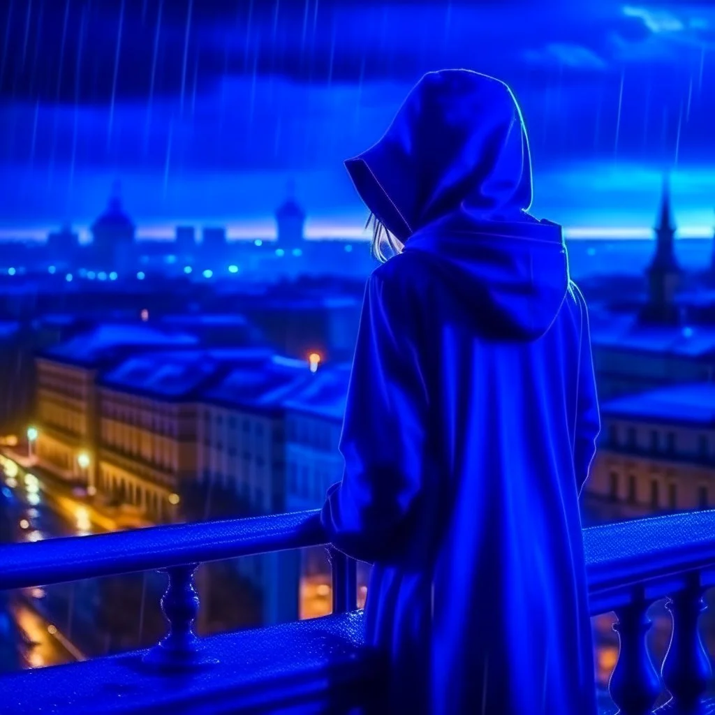 girl in a raincoat, watching the empty city, at midnight, dark blue colours, rainy, atmospheric, photo quality