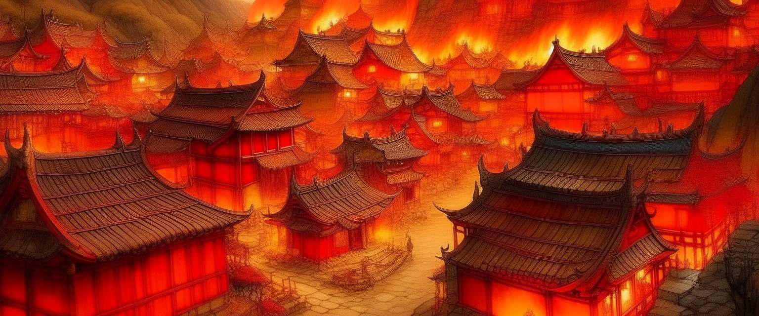 An orangish red Eastern village with torches designed in Heidrun manuscripts painted by Qiu Ying