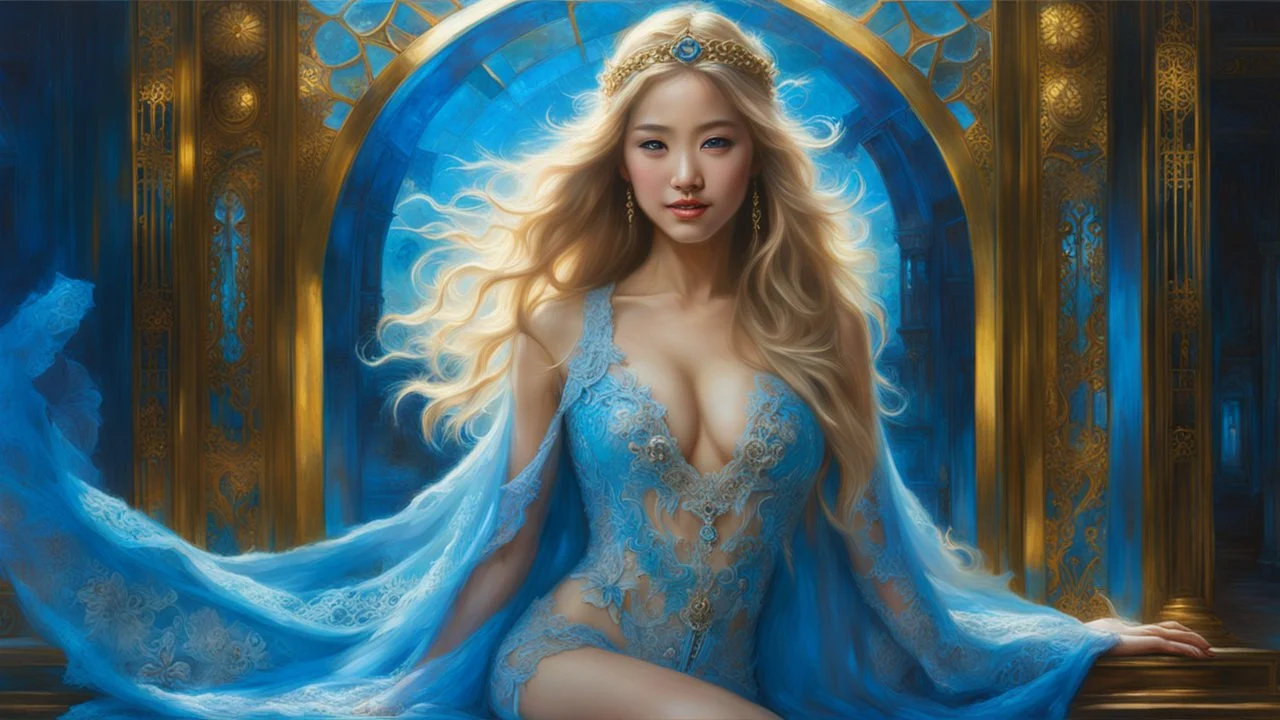 In Casey Baugh's evocative style, art of a gorgeous smiling asian goddess full body with long blonde hair, blue eyes , beautiful chest and legs, futuristic, transparent blue lace, elegant, highly detailed, majestic, Baugh's brushwork infuses the painting with a unique combination of realism and abstraction, greg rutkowski, surreal gold filigree, broken glass, (masterpiece, sidelighting, finely detailed beautiful eyes: 1.2), hdr, realistic painting, natural skin, textured skin,