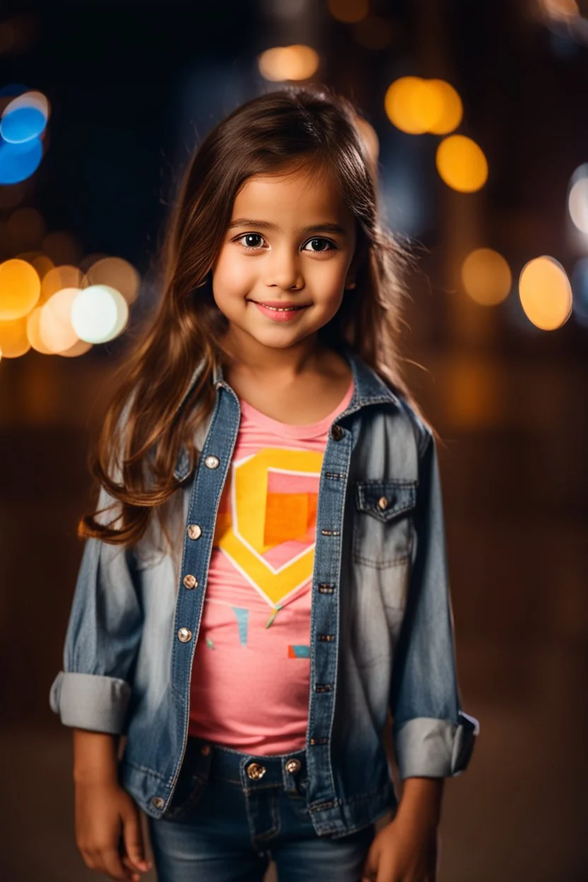 Little 6 years old beautiful girl perfect face,1girl wearing a pretty shirt and jean pant, standing pose,modern city ,night view