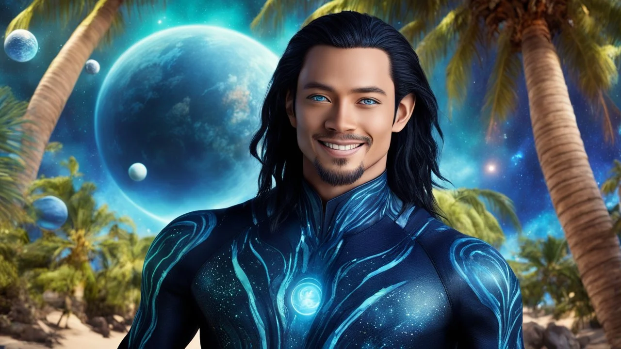 beautiful gorgeous young man na'vi with long hair, Avatar, blue skin, two small ears, green eyes, black hair, in cosmic suit, galactic ambiance, medium pointy goatee , smiling, with spaceship and planets and palm trees and clear crystaline cosmic beach in background