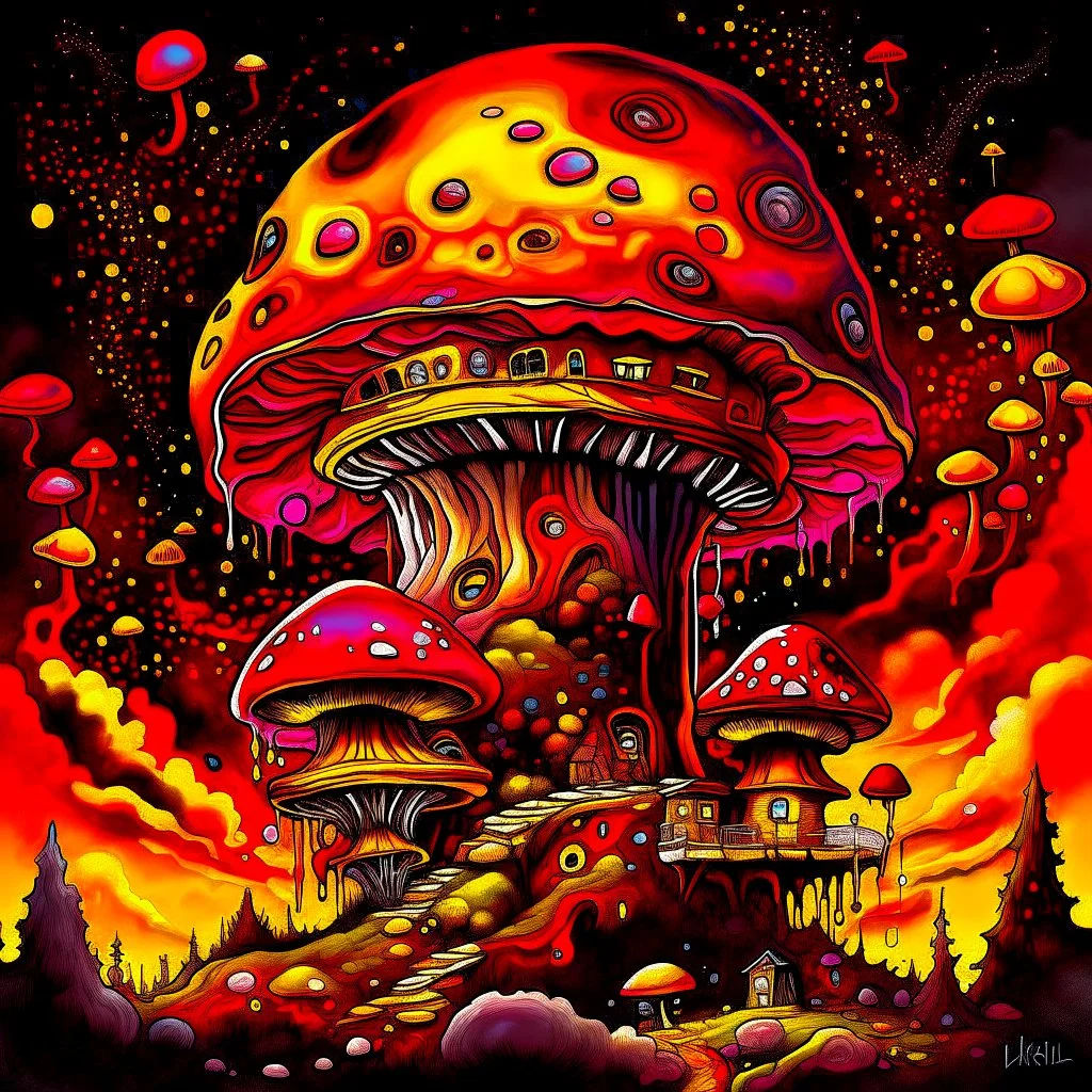 A fantabulous black, red, and yellow (((mushroom tower house))) erected atop a (geologic pillar), surrounded by the uncanny imaginative ((( swirling skies))), offset by the stark hues of a (neon-tinged nebulous space scape), within. captured by the hand a skilled master painter with a focus on (softly blurred compositions and voluminous lighting).