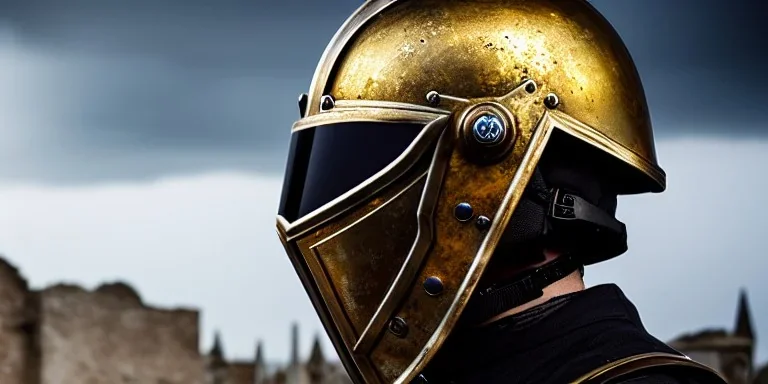 apocalypse, chaotic, magnificent, realistic, colorful, massive, epic, ray tracing, cinematic, 8k, HD, Ultra High Definition, photo film, film grain, hyper-detailed, old tarnished ornate rusty Hyper detailed Gold Gothic Medieval Knight helmet with glass visor covering face and matching suit of armor, background with destroyed ancient gothic ruins