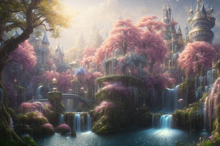 a fairy tale style, white gold castle，waterfall, flowering trees, full of details, matte painting, concept art, smooth, bright sunshine，soft light atmosphere, blender unreal engine，light effect，rtx on，vaporwave colorful, artstation, concept art, smooth, extremely sharp detail, finely tuned detail, ultra high definition, 8 k, unreal engine 5, ultra sharp focus, illustration, magic ambient, asiatic