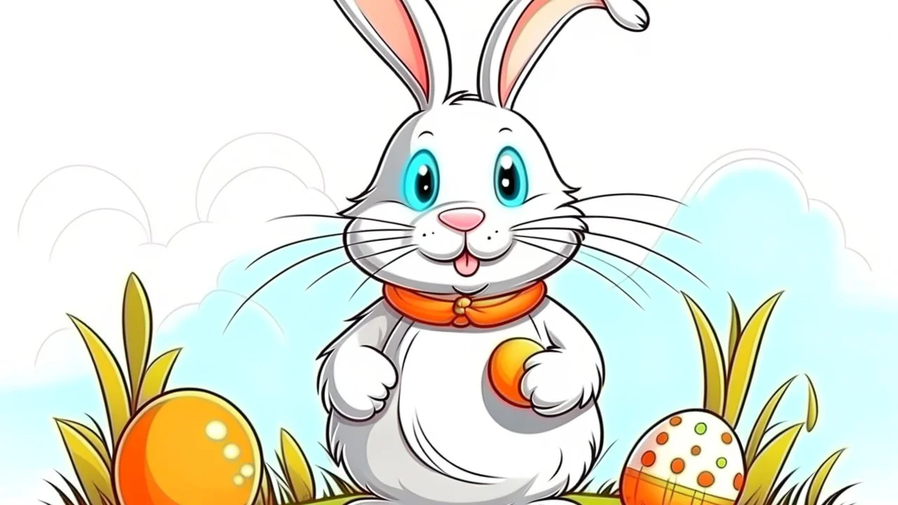 Fantasy cartoon illustration: a bunny is holding a basket full of chocolate Easter treats