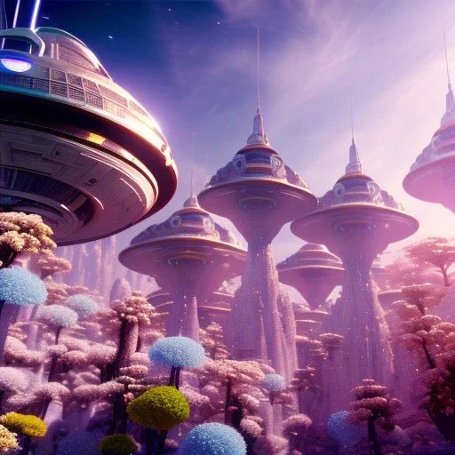 Spaceship landed on futuristic planet, sunny day. clear blue sky, cascade, flowers. Elegant. Extremely detailed. Award winning photography. Fantasy. 8k. Cinematic lighting. Photorealistic. Dynamic lighting. Imperial colors. Crisp quality. Unreal Engine. Colourful cinematic postprocessing. Pixar. VRay.