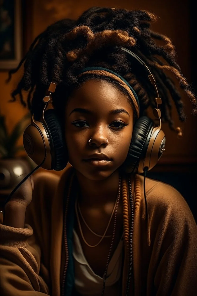 earthy black young woman listening to music with headphones, soul, peace, majestic, earthy colours, at peace, happy, incense, jewels, bands, natural, old school headphones, sensual eyes