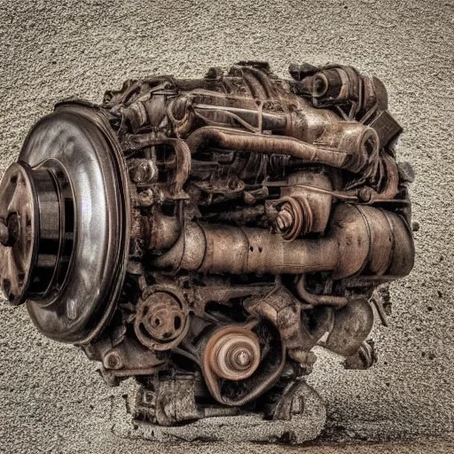 car engine, rusty, old, normal size, brown