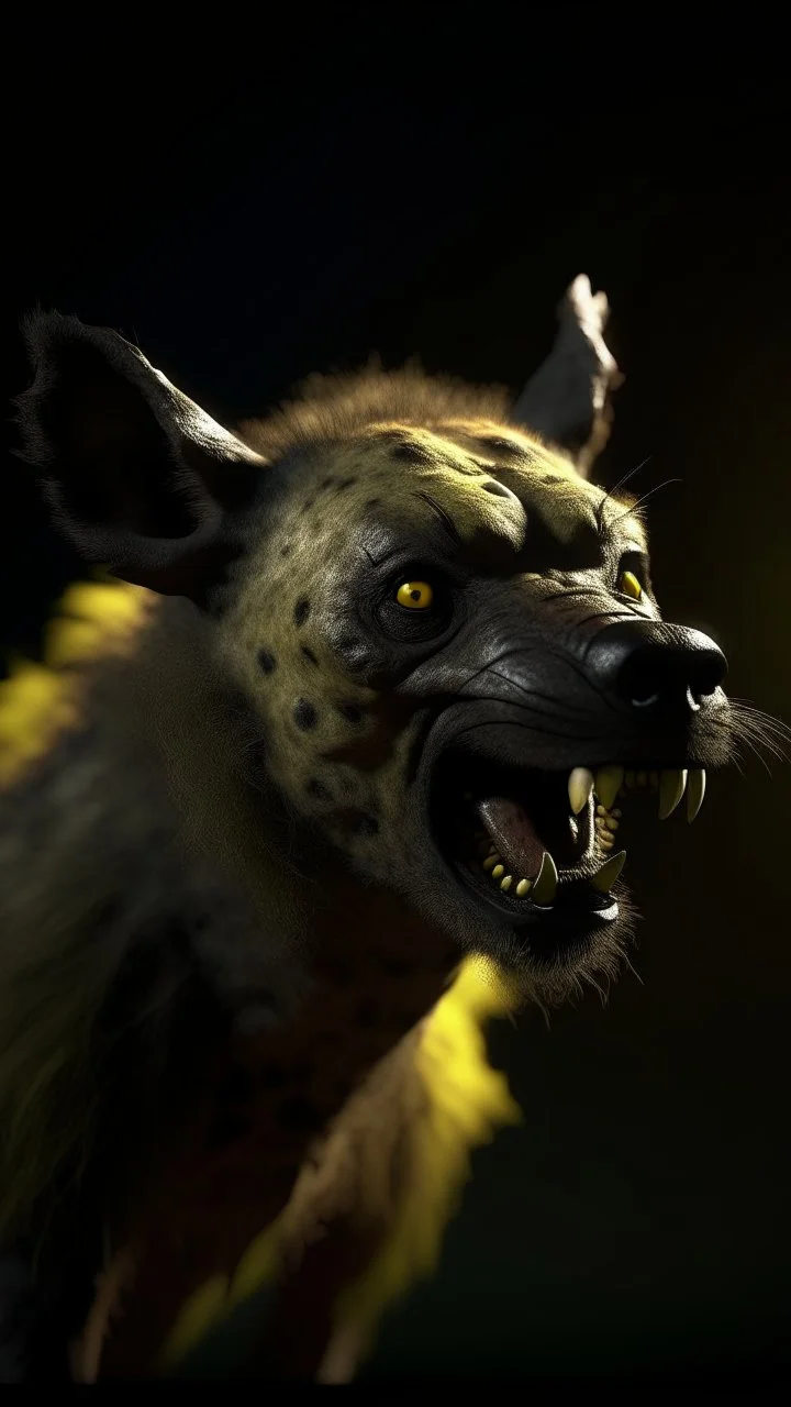 Crafting a terrifying 8K depiction of an evil old hyena face rising hand up ,His presence exudes an unsettling aura of malevolence, instilling fear in all who behold him.