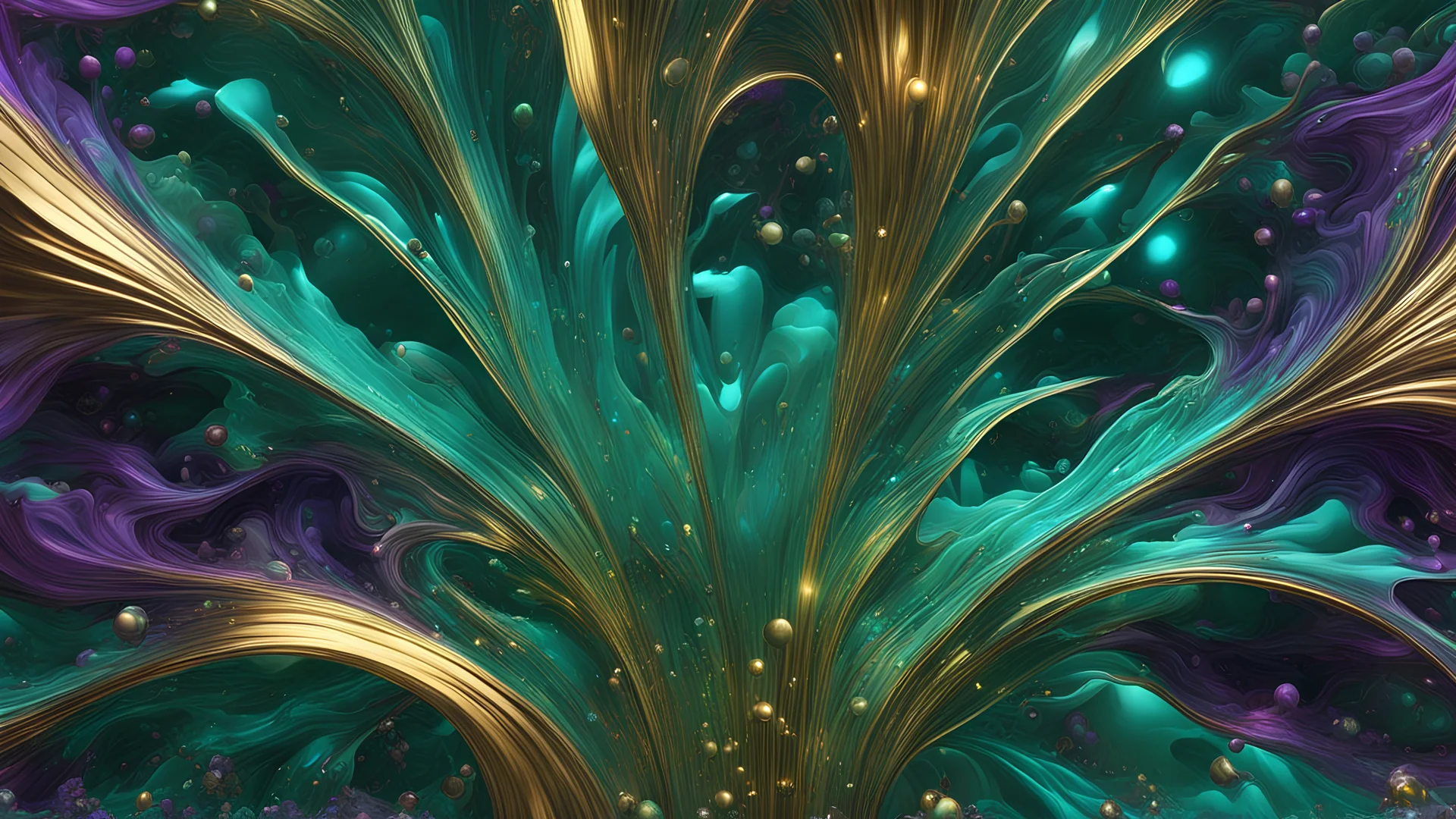 organic multicellular composition of luminous points which undulate to create striking visual effects on a gold, lush green, purple and turquoise background,, photorealism, hyper detailed, 8k