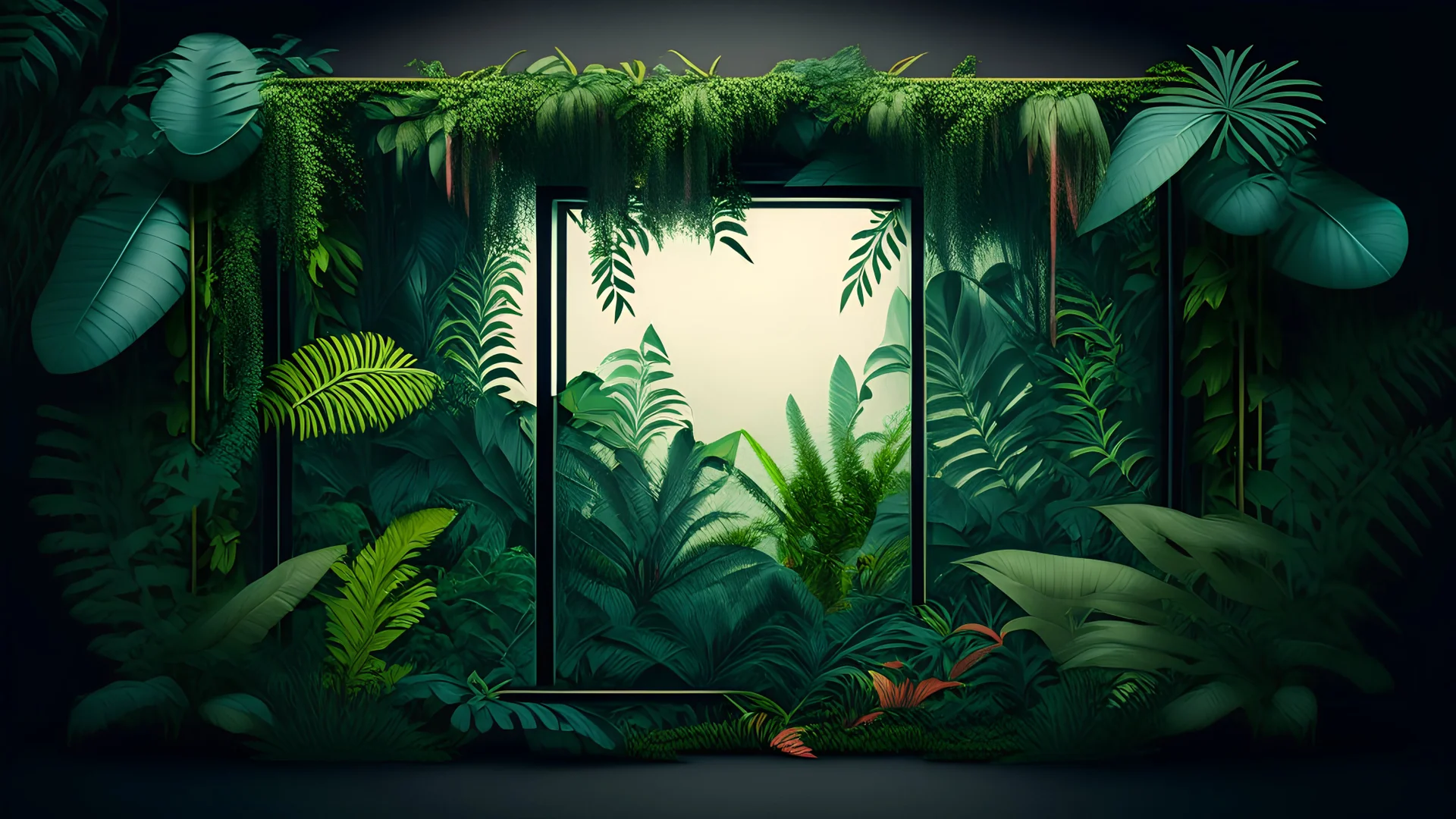 Create a 16:9 frame made in a jungle style, with plants and everything linked