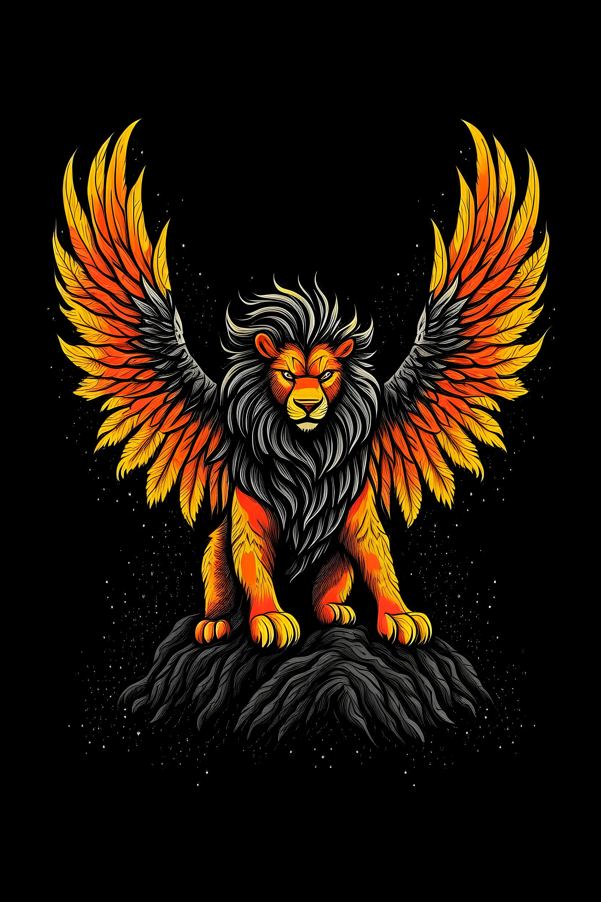 lion face 2D black yellow with wings and 4 legs on fire standing on rock