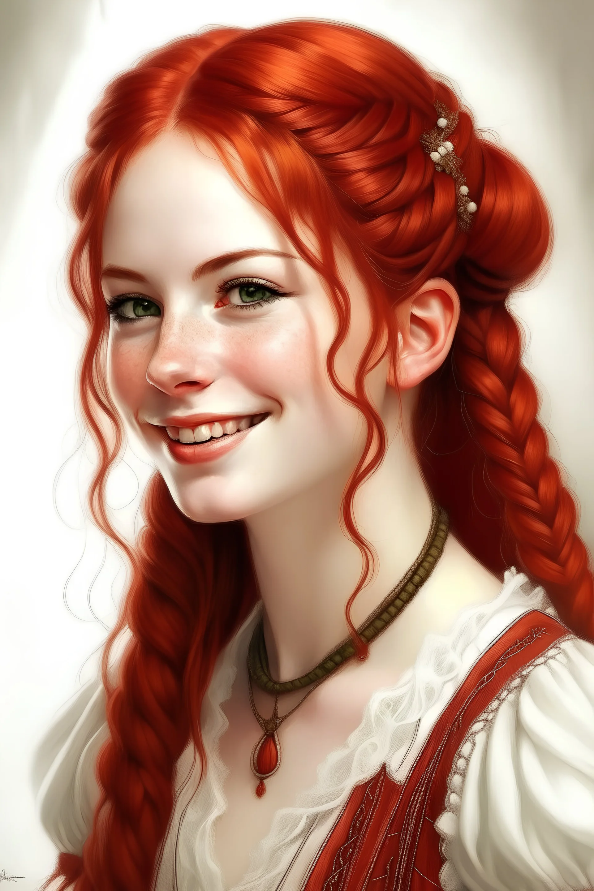 Traditional painting portrait of a young belle epoque woman. She has braided red hair. She is a magic. She is softly smiling. She is wearing a leather and lace white corset dress, with light background.
