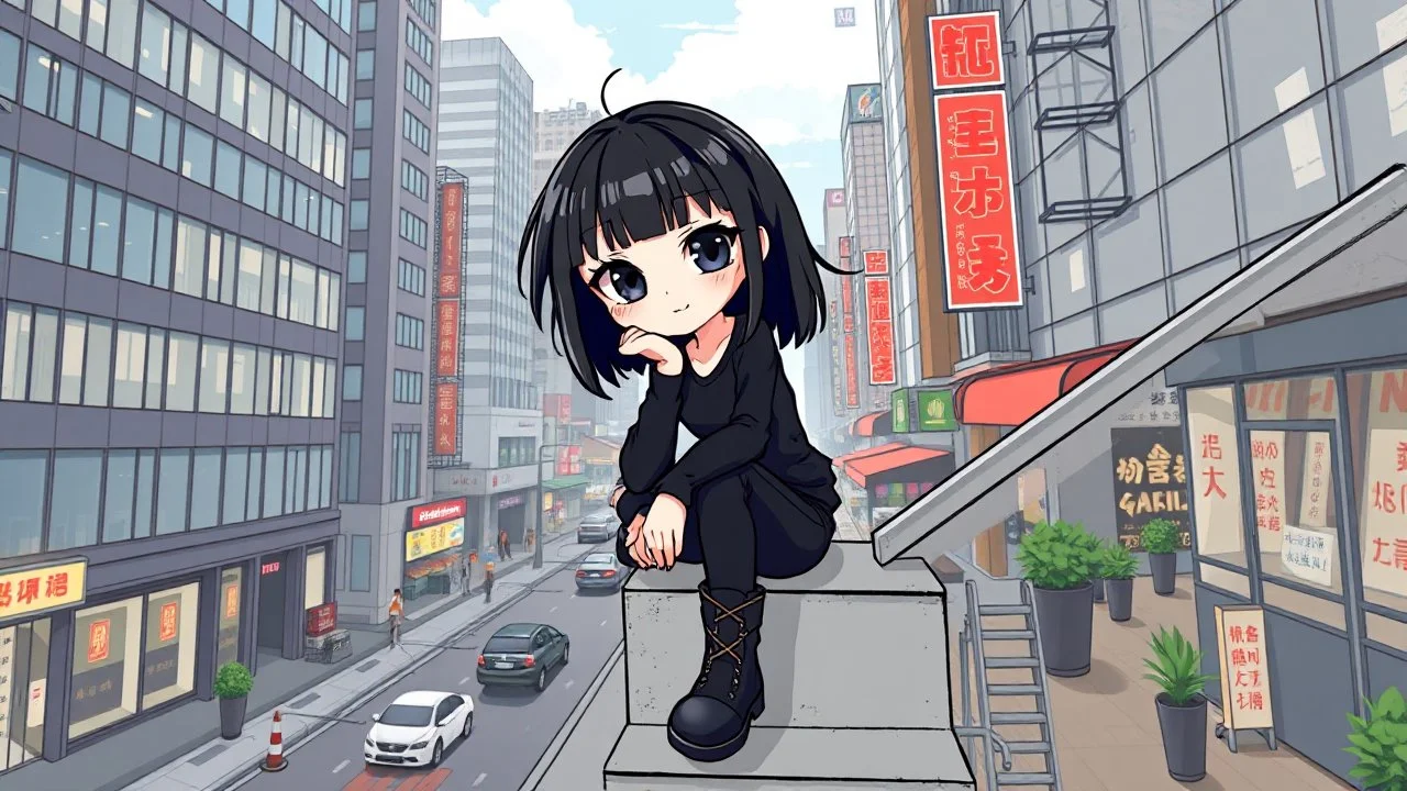 one cute weird emo style detalied cartoon girl with dark eyes, dark hairstyle, black jeans , black make up, and black boots. she sittings on upstairs and she no smiles, background a cartoon modern downtown city , office buildings, no Chinese subtitles, wide streets, markets, full body, digital art, detalied, illustration.