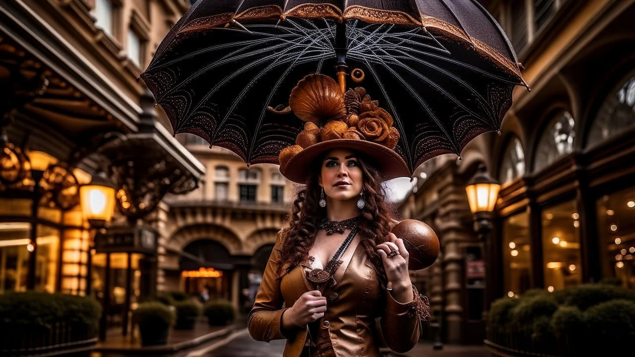 woman standing in a street with a parasol shaped like a mushroom with tentacles, in a steampunk setting