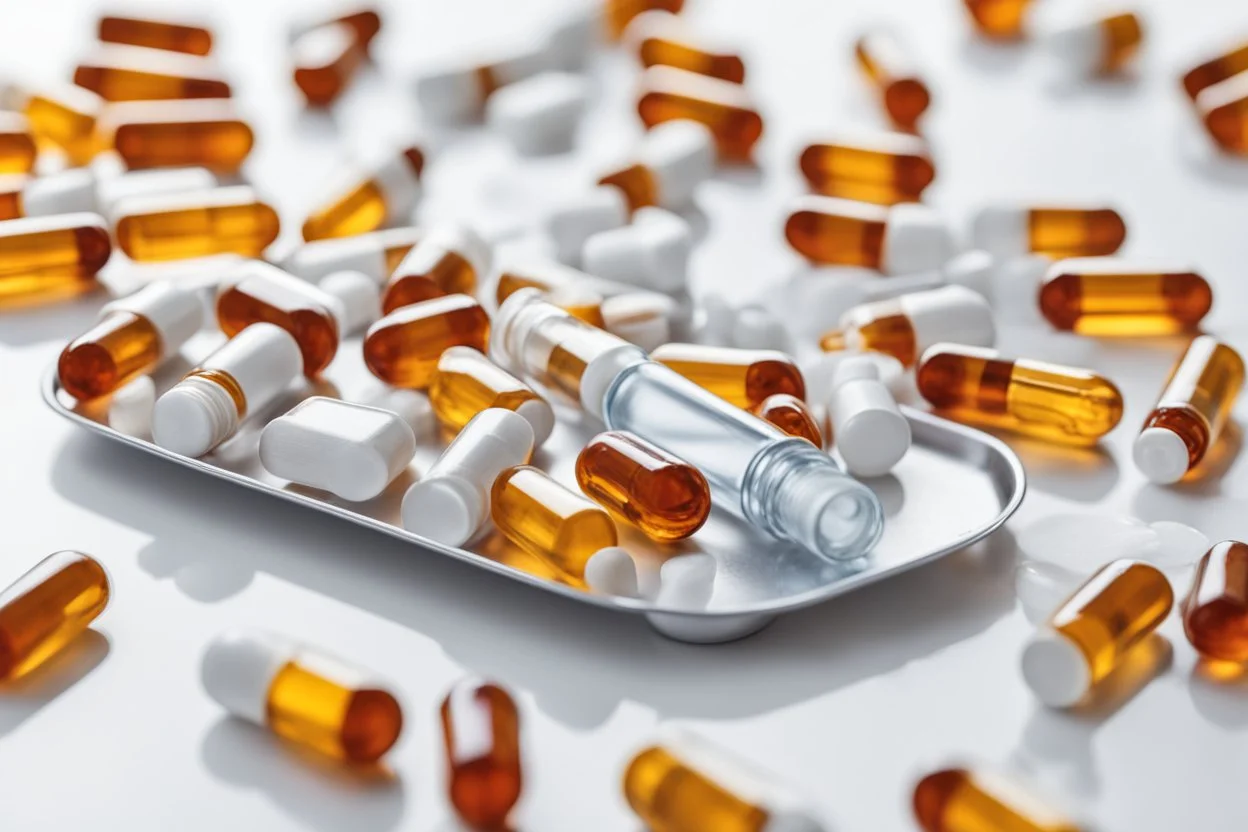 Vaccine ampule on a white table; aluminum tray; pills and packaging material;