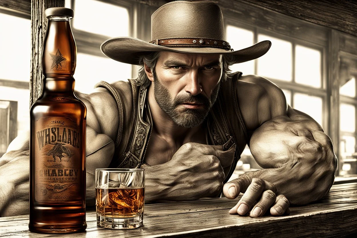 Rough looking muscular cowboy photorealistic in a saloon whisky glass in his hand