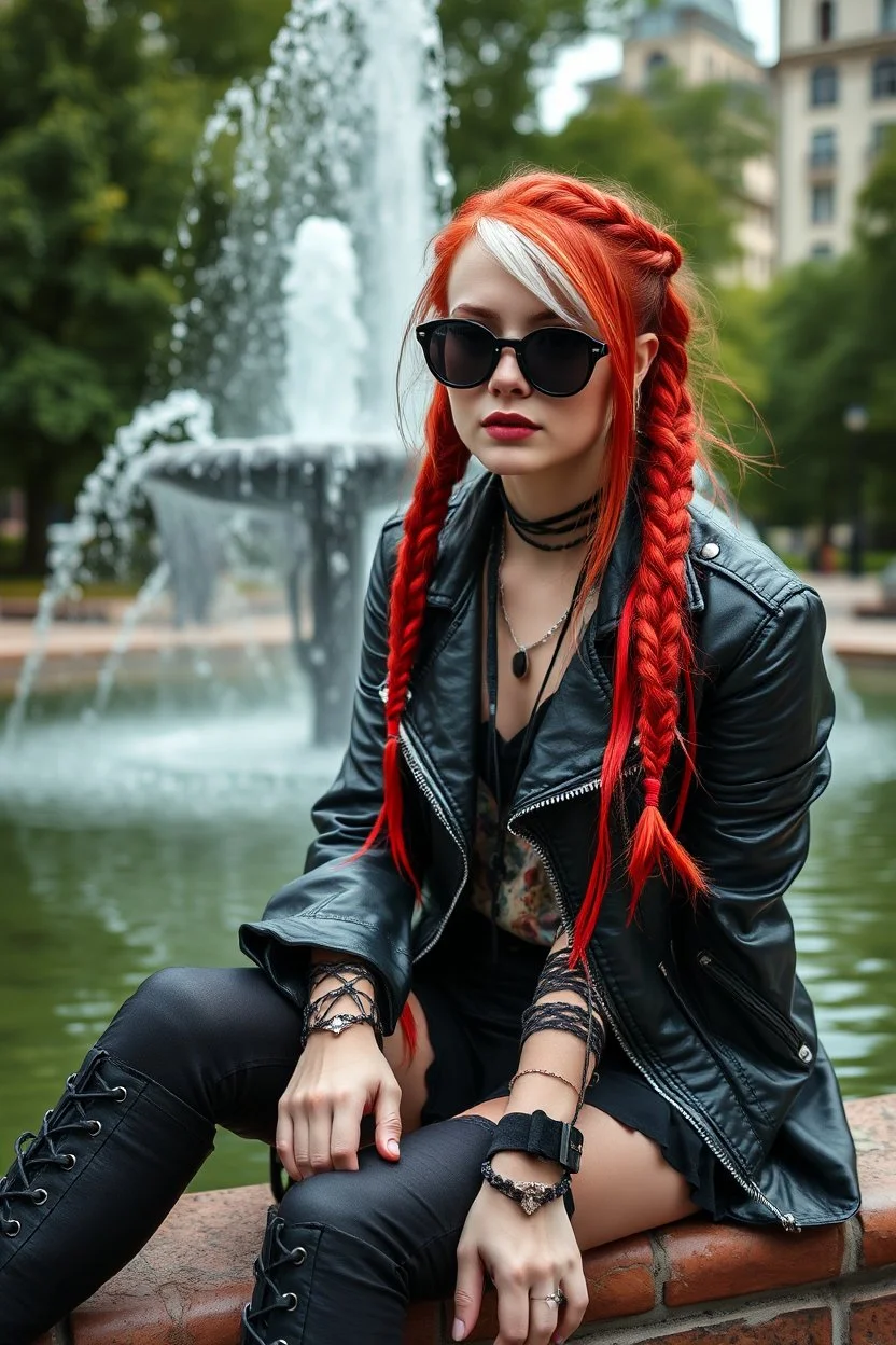 Gothic style rebel woman teenager, pretty and arrogant, red hair and black shiny round sunglasses, leather jacket, edgy bohemian outfit, combat boots, captivating grey eyes, white hair styled in intricate braids, playful and mischievous demeanor - depicted sitting at the edge of a fountain in a city green park, vibrant punk street fashionista, high realistic