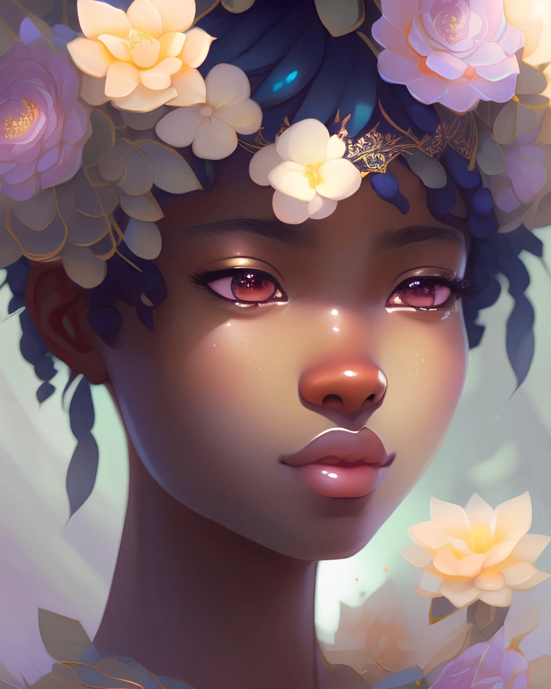 Closeup face portrait of a ebony girl wearing crown of flowers, smooth soft skin, big dreamy eyes, beautiful intricate colored hair, symmetrical, anime wide eyes, soft lighting, detailed face, by makoto shinkai, stanley artgerm lau, wlop, rossdraws, concept art, digital painting, looking into camera