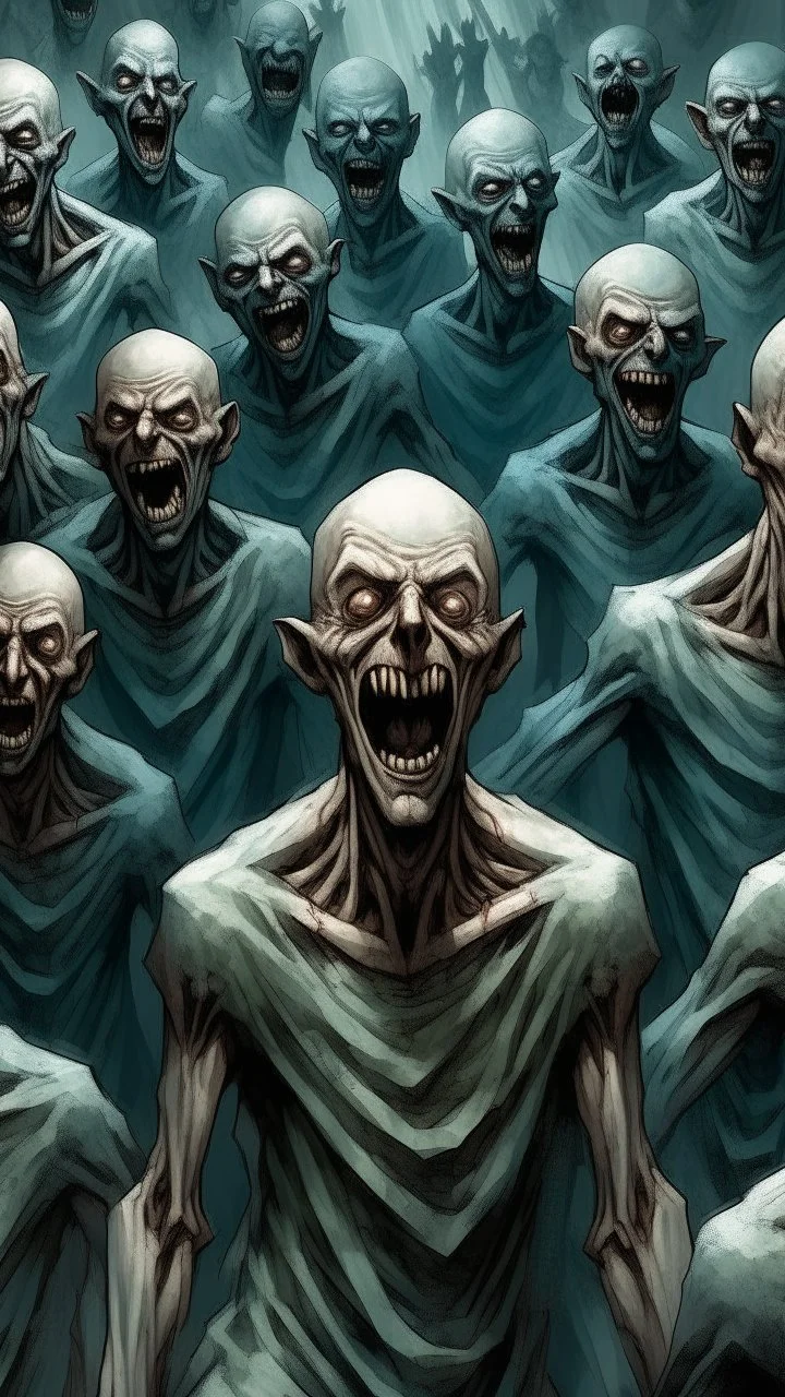 A demonic figure with a triangular body with long arms and creepy small eyes that is floating in a dark room