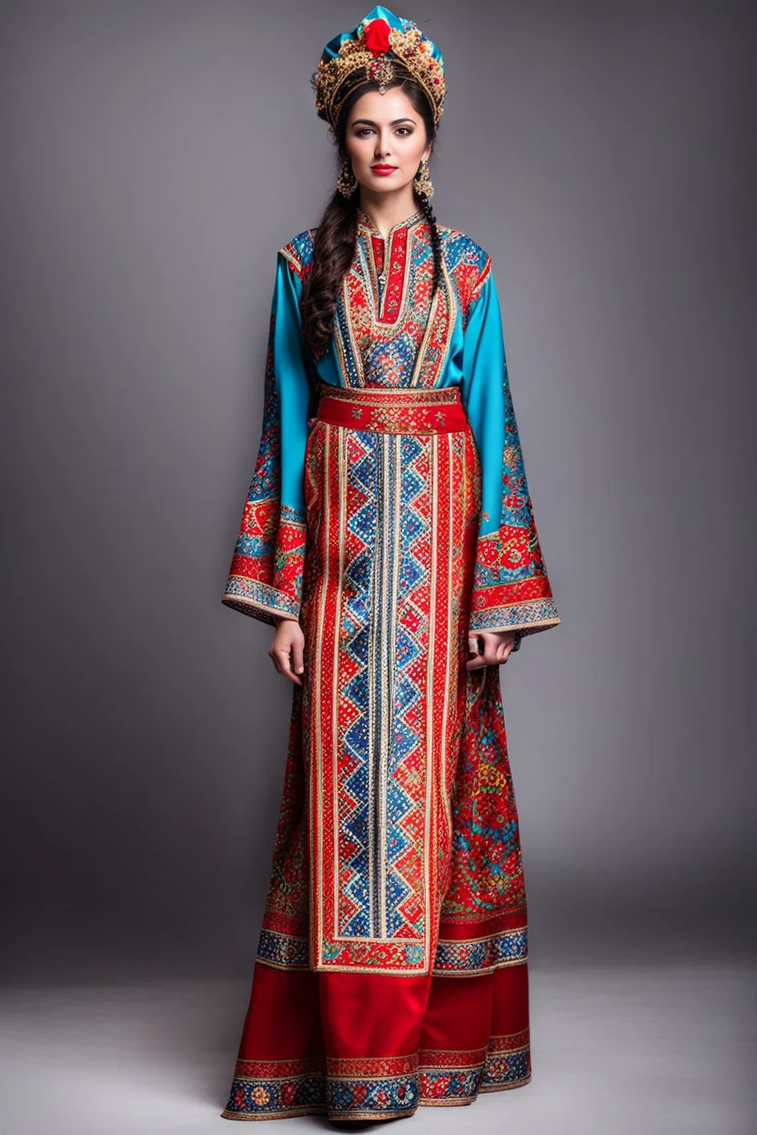 young lady in azeri national costume standing full body shot