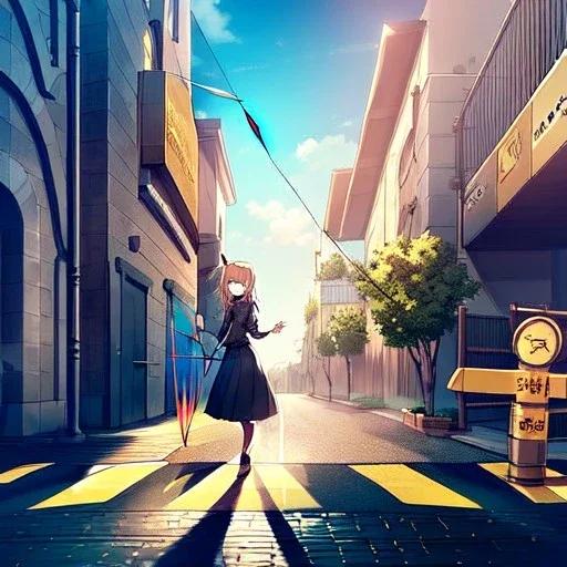 anime girl walking down a yellow brick road, shooting a recurve bow with arrow , road signs, arrows, direction into the street