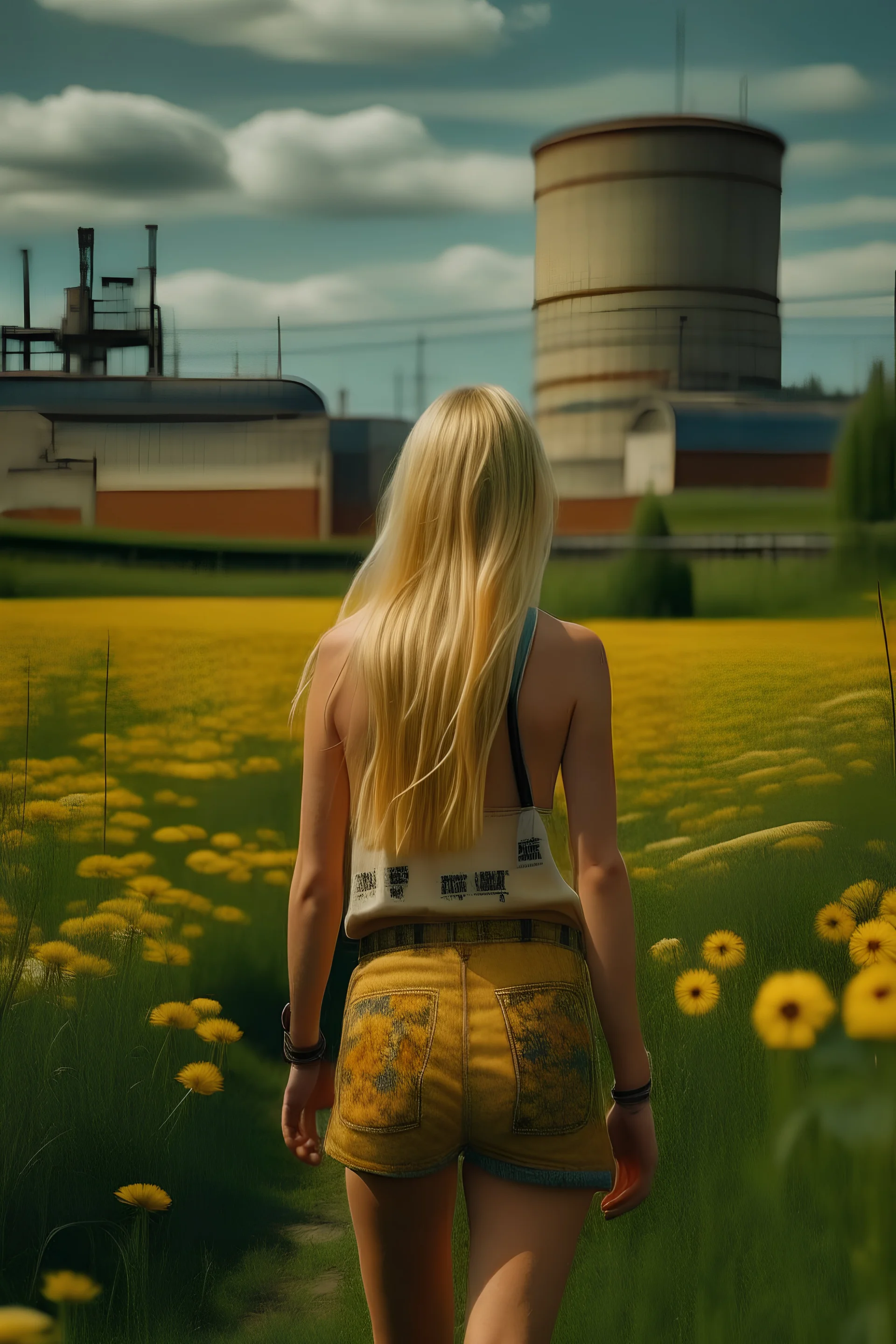 Back view of a beautiful blonde lady with long free hair and wearing Swedish women's international football shorts and shirt, strolling across a grassy field full of wildflowers towards a huge brewery industrial complex.