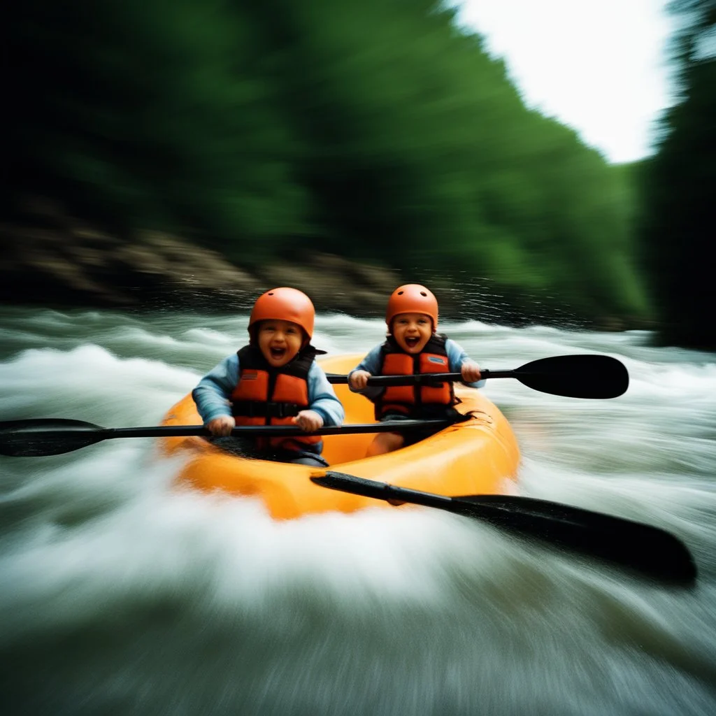 phone camera screen capture, long shot wide angle, from perspective of riverbank, a static-filled low resolution image, low picture quality, slightly blurry kinetic grainy photograph of three happy babies wearing life preserver jackets alone in a kayak flying down river in furious rapids, slight motion blur, low contrast, high film grain