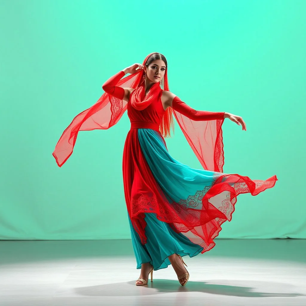 lady in azeri dance custum change clothing color to cyan and red fullbody shot standing in a pretty stage,not decolte,with a long lace scarf
