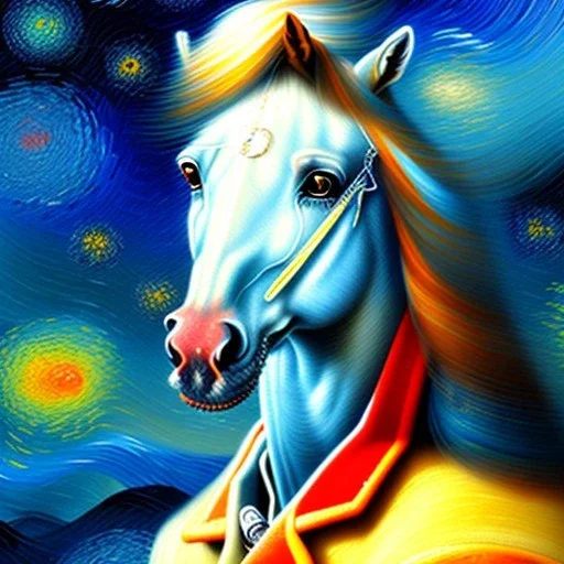 Dibujo al oleo de un caballo con nubes de colores estilo Vincent van Gogh