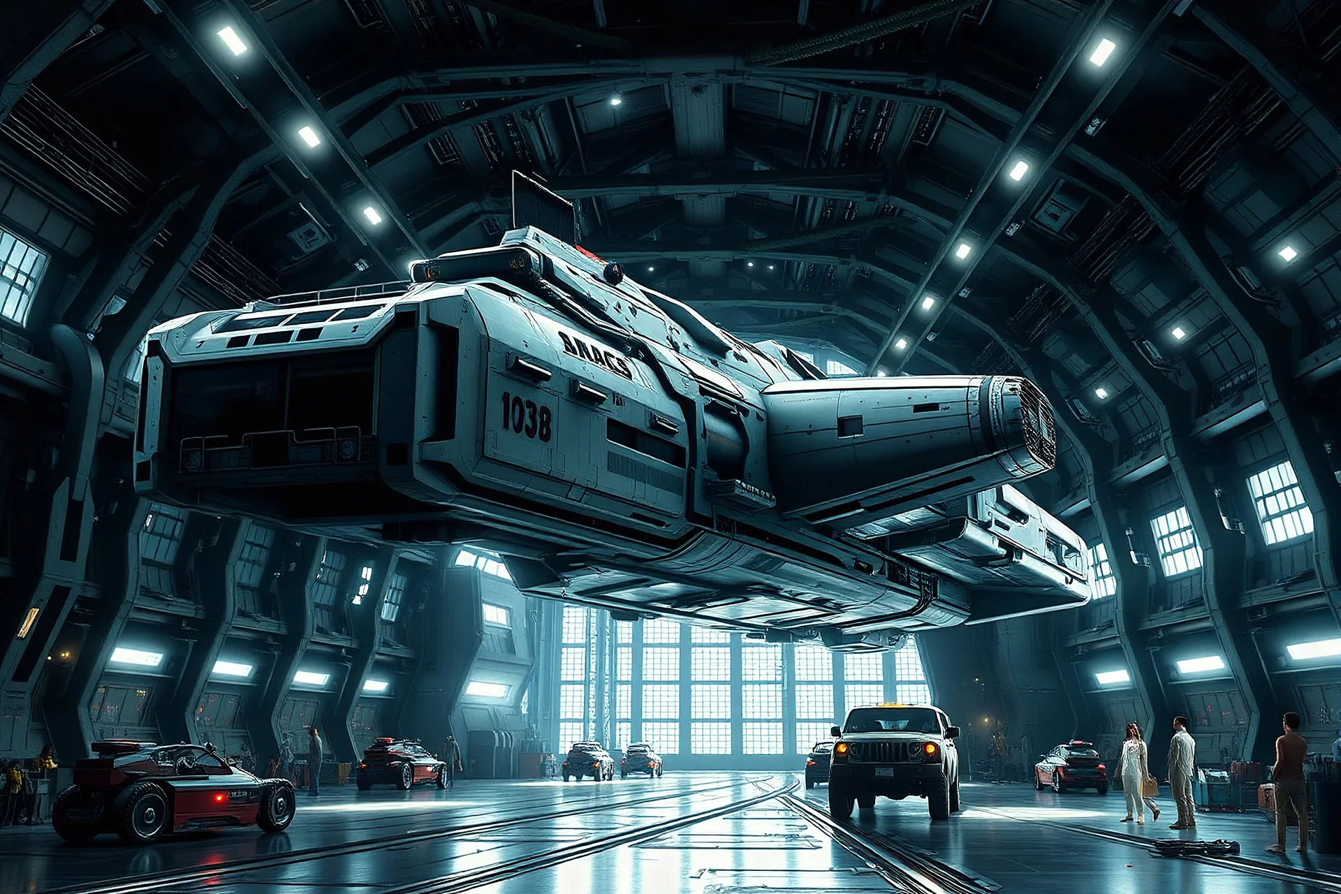 sci fi heavy military transport ship hangar