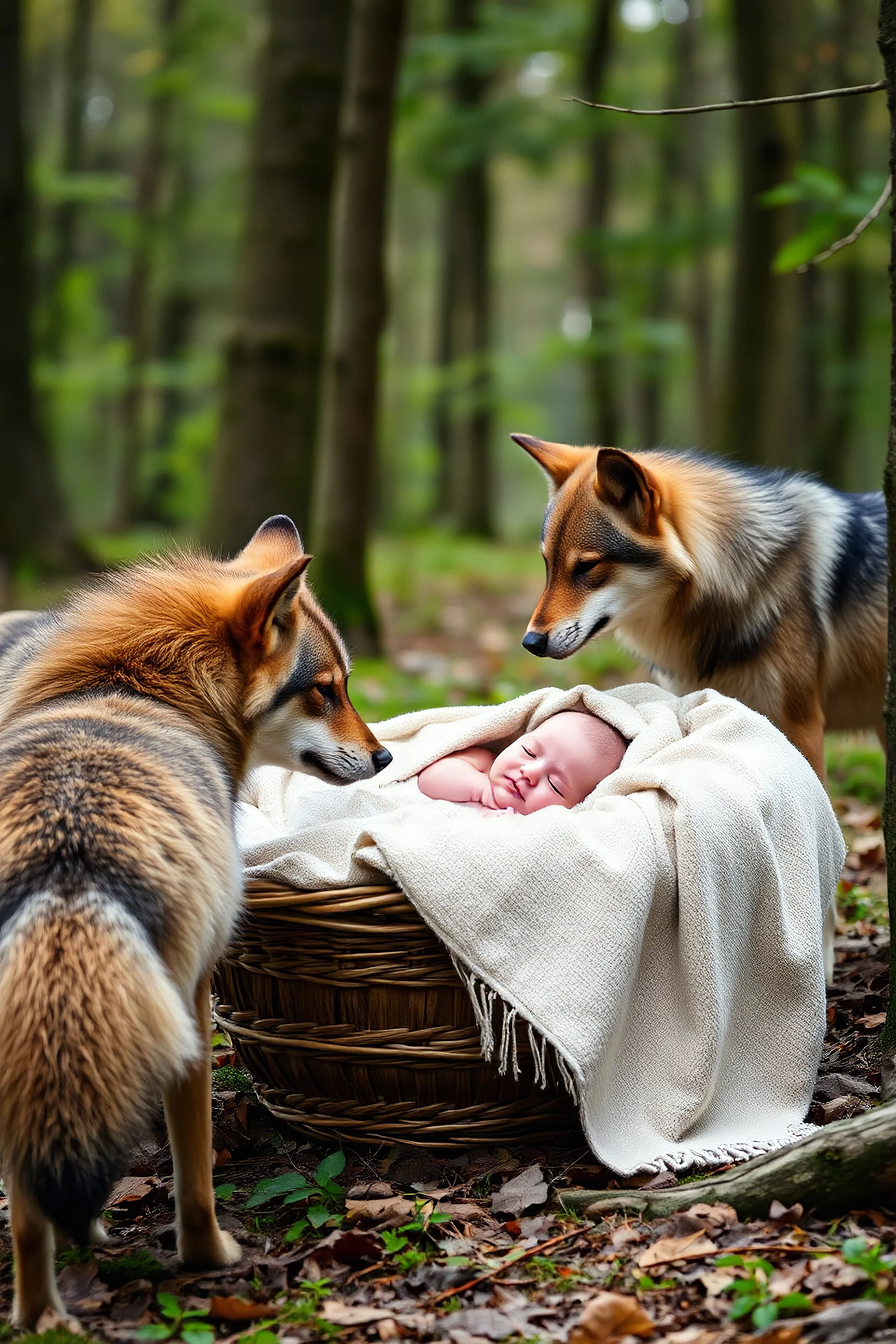 A baby sleeping in a basket covers by a blanket in the middle of a forest . Two wolfs standing by the basket looking at the baby