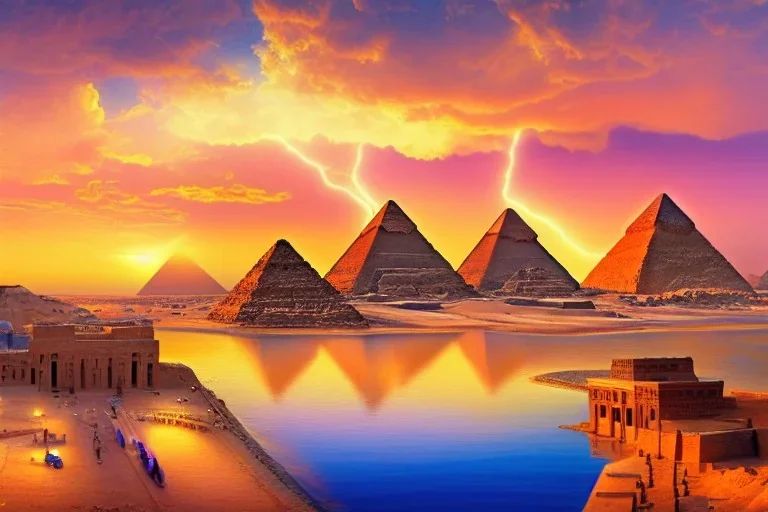 An ancient Egypt city at sunrise with 2 pyramids in the background, by matthieu lauffray, beautiful Egyptian temples, stunning environment, perfect composition, vibrant colours, oil on canvas, super highly detailed, wide-angle, dramatic lightning,8 k Uhd