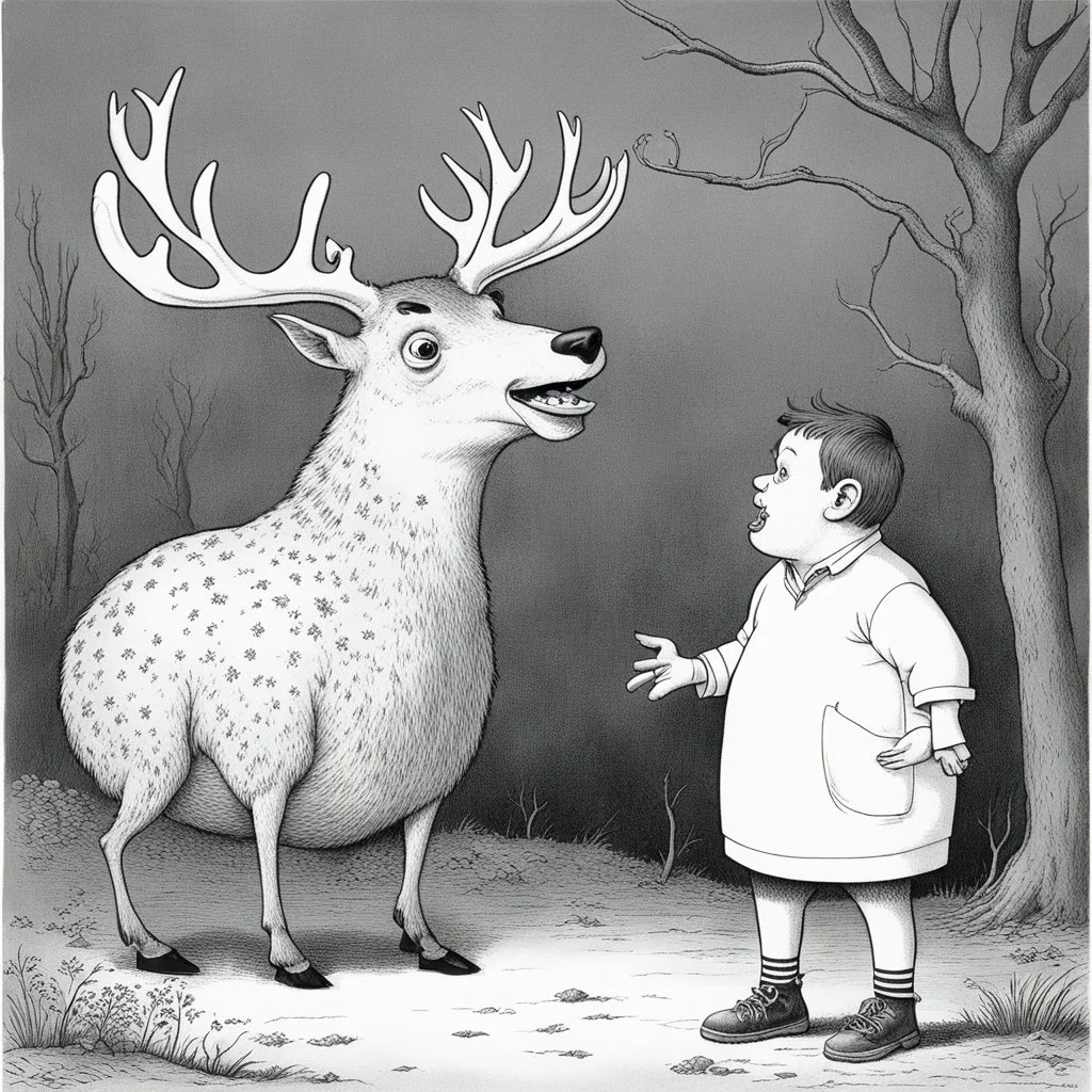Gary Larson illustration of a quirky deer talking to a fat kid, cartoon cell, black and white