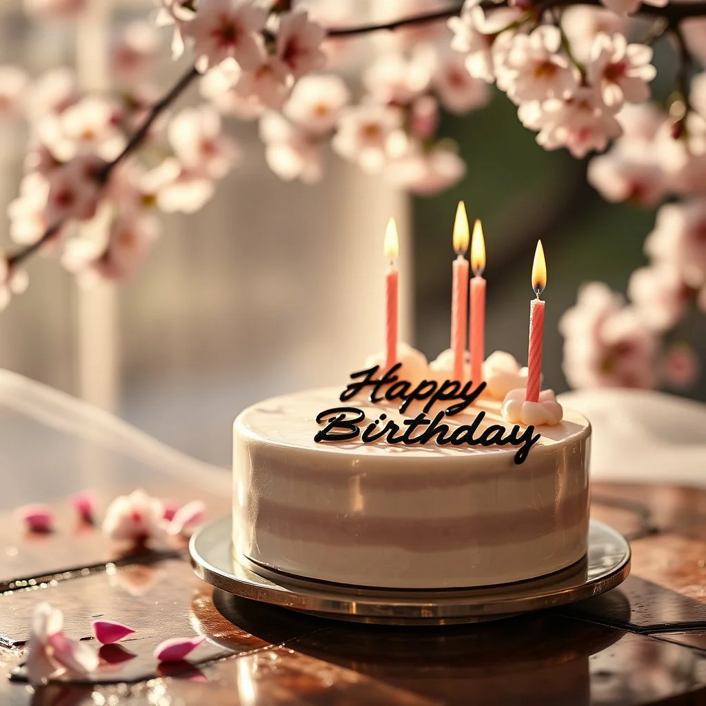 crystal stone romantic atmosphere, glossy transparent stone tabletop, rich atmosphere, shades, tulle, candles, birthday cake written on it “ Happy Birthday “ from the side, luxury, close-up, warm light, minimalismspring cherry blossoms blurred background sunny weather