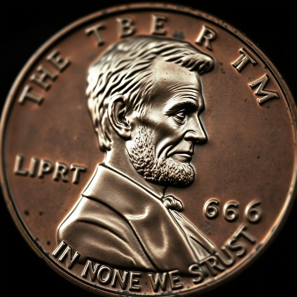 Close up photography of a 1966 Copper Penny but with a mottled grimacing zombie that resembles Lincoln, text "1966", text "IN NONE WE TRUST", horror, surreal, dark negative space