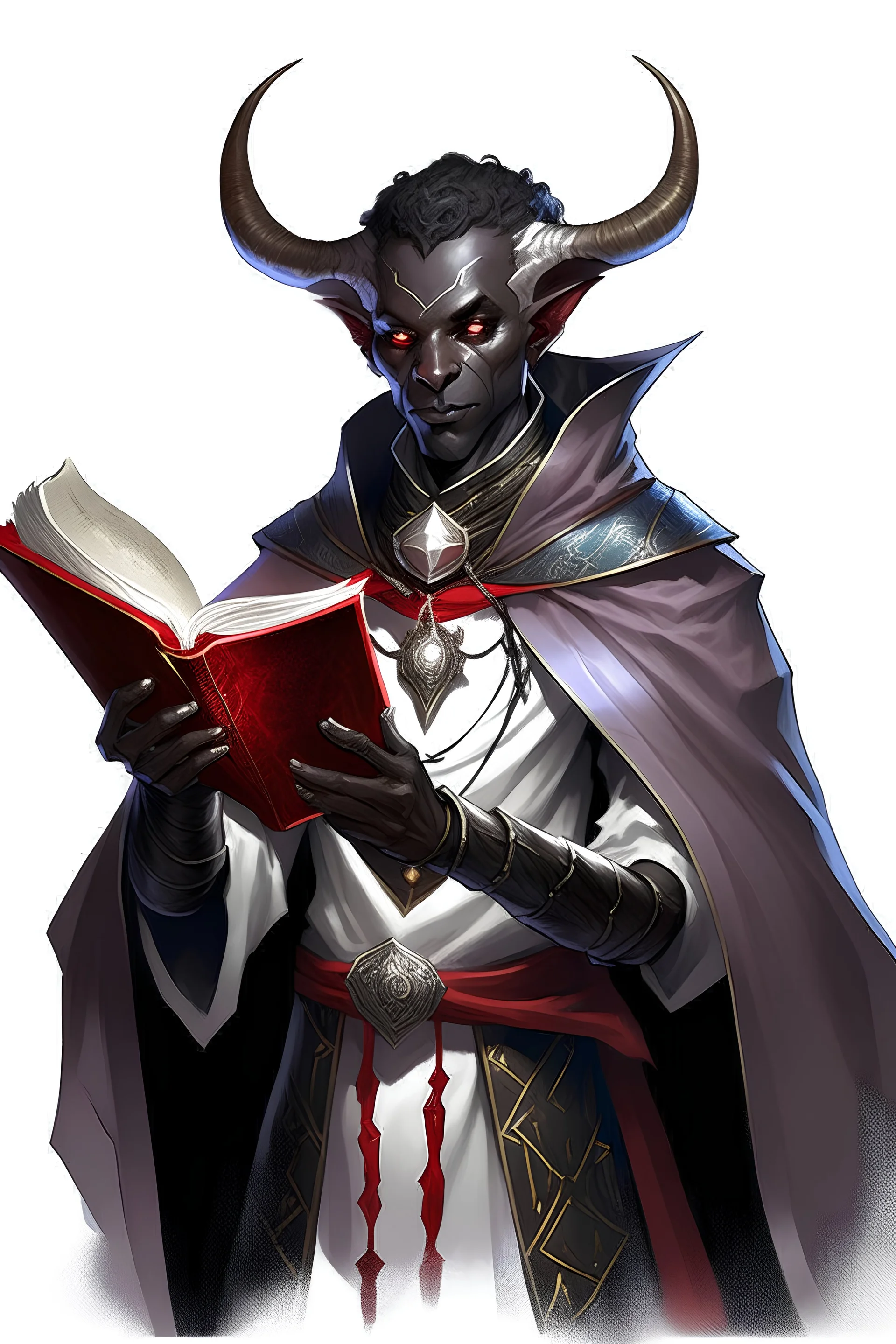 En Young male black skin tiefling fra dnd holding a book with Arcane Magic in a silver and White Rope and a silver cloak. His horn a perfectly place on acet from the front to the back pointing upwards with glowing Red cat Eyes. His close is elegant get simple. Holding an ice Crystal in his Right Hand