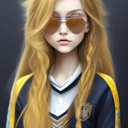 Girl with long wavy brown blond hair, yellow eyes. Wears Hogwarts Hufflepuff uniform, sunglasses with a yellow clip. She has a snowy owl with yellow eyes on her shoulder.