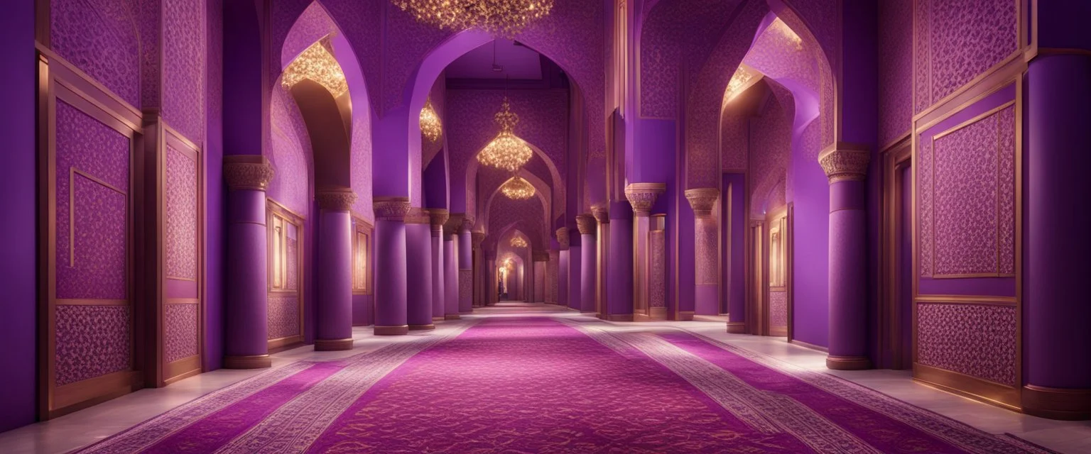 Hyper realistic detailed hallway inside purple wall Mosque with maroon pillars, beautiful carpet & ceiling lights at night