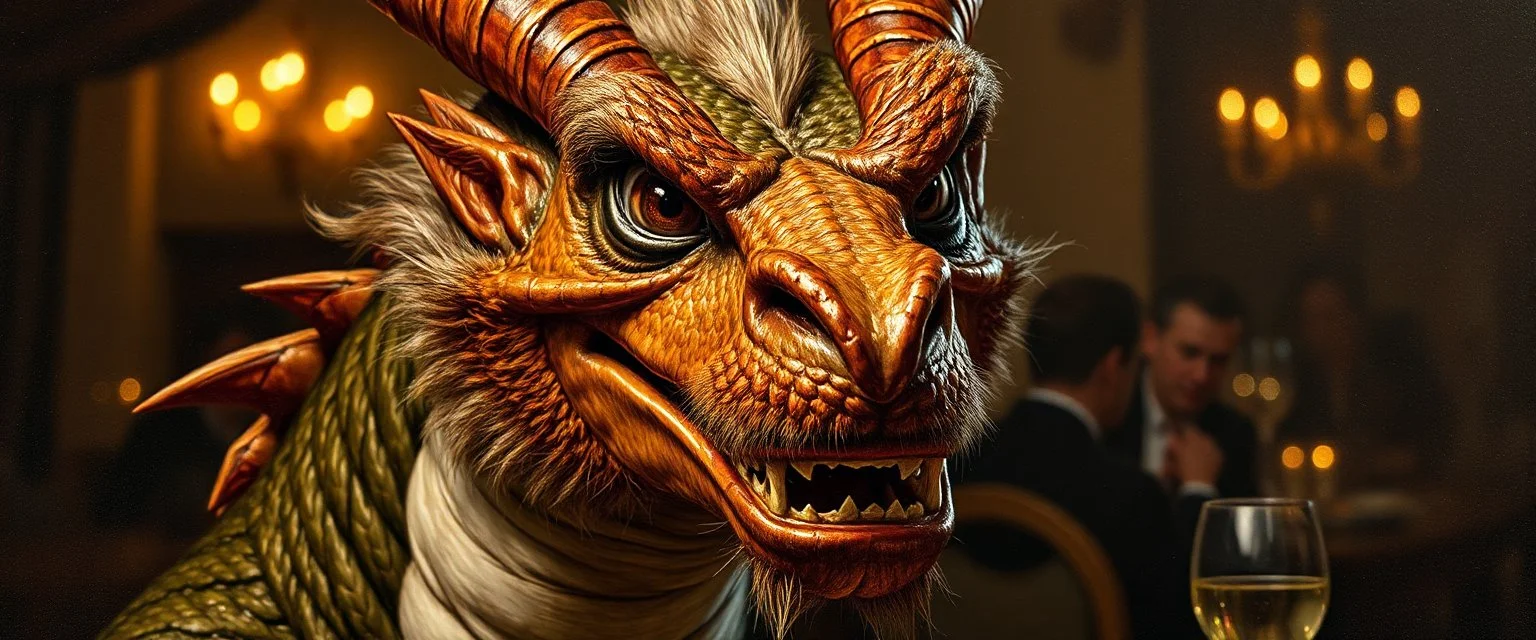 close up portrait painted by Rembrandt, smiling stupid looking furry dragon at banquet