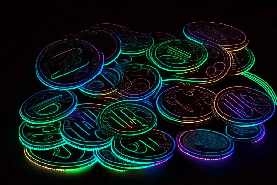 black background, outlines of a holographic coins, drawn from thin neon-coloured glowing lines