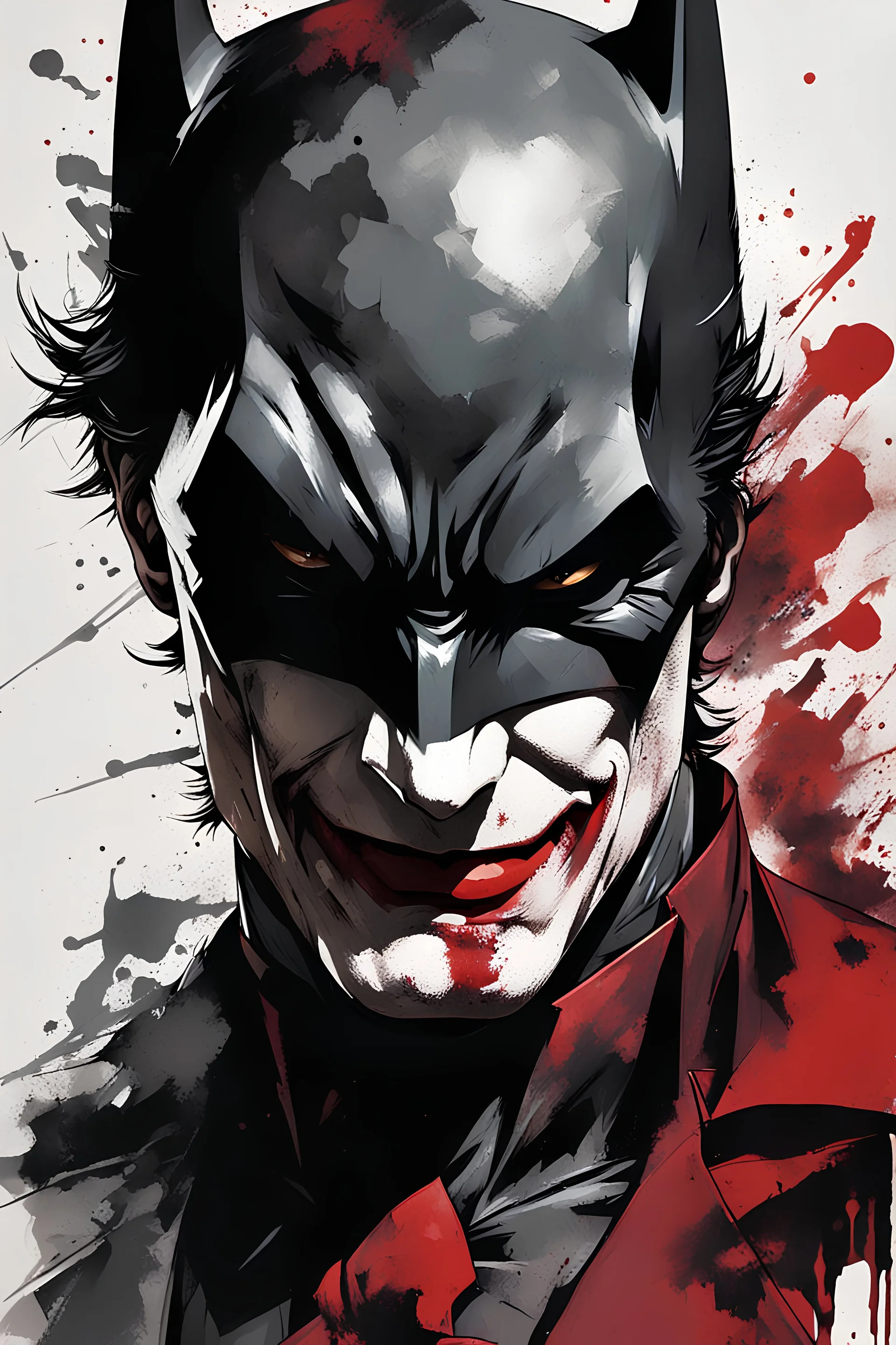 poster in two gradually, a one side half face Batman dark tones and other side half face Joker darkred tones, painting by Yoji Shinkawa,