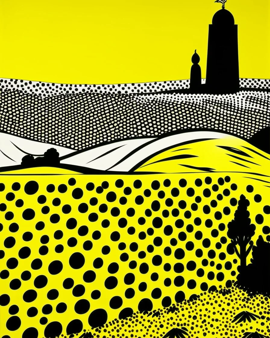 A yellow desert with an Egyptian fortress painted by Roy Lichtenstein